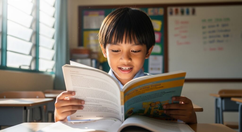 Kanak-kanak membaca dengan yakin dan berani di hadapan orang lain