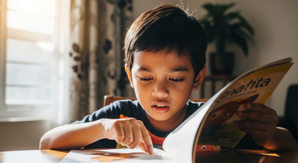 Kanak-kanak membaca secara mengeja dengan perlahan dan tersekat-sekat