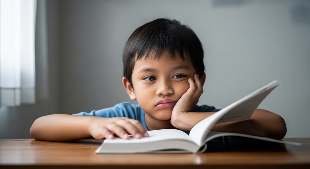Kanak-kanak membaca buku tetapi kelihatan bosan dan tidak berminat