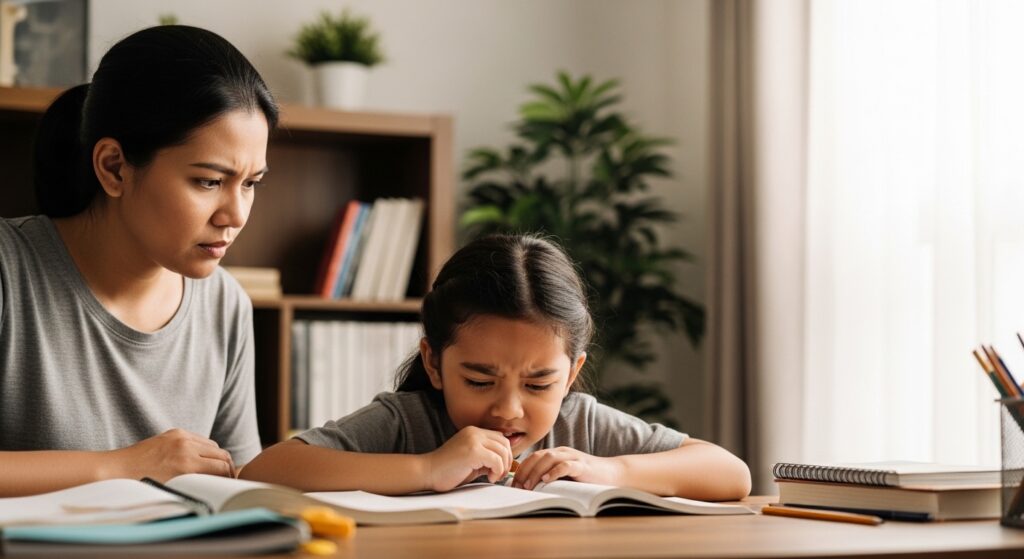 Kanak-kanak kelihatan tertekan ketika belajar bersama ibu bapa