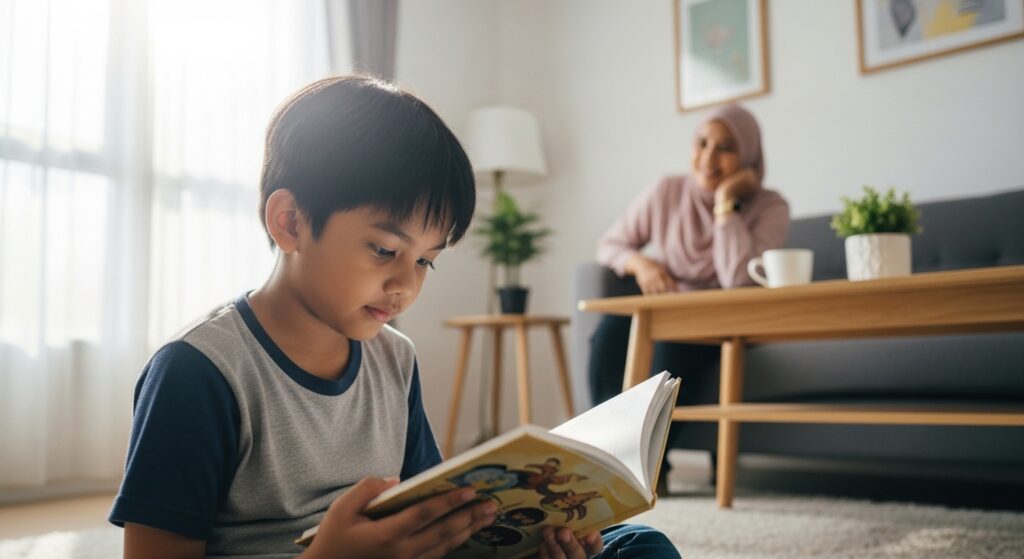 Kanak-kanak membaca sendiri dengan ibu memerhati dari sisi