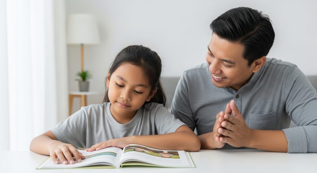 Ibu bapa Asia memberi pujian lembut ketika anak cuba membaca di meja belajar, anak nampak lebih yakin.