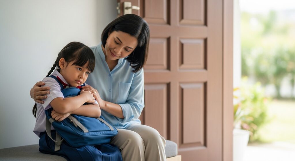 Anak Asia memeluk beg sekolah dengan wajah risau dan tunduk, ibu bapa duduk di sisi memberi sokongan.