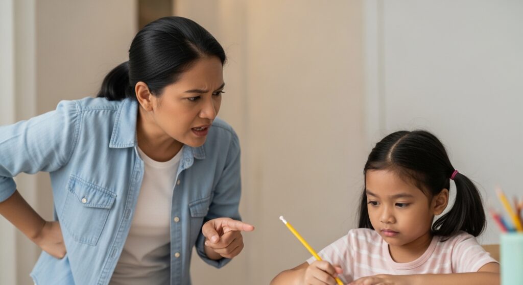 Close-up parent Asia menegur dengan muka tegang, anak tunduk dan pegang alat tulis dengan cemas di meja belajar.