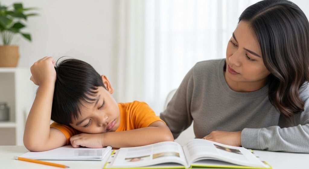 Anak Asia meletakkan kepala di atas meja belajar kerana mengantuk, ibu bapa duduk di sebelah dengan wajah prihatin.