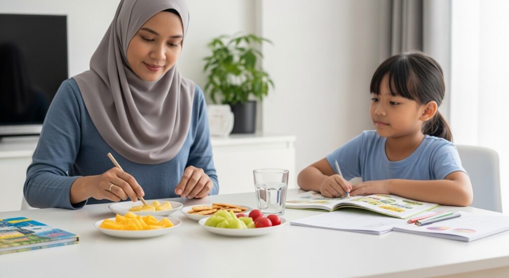Ibu bapa Asia menyediakan snack ringan dan air untuk anak sebelum sesi belajar di meja rumah.