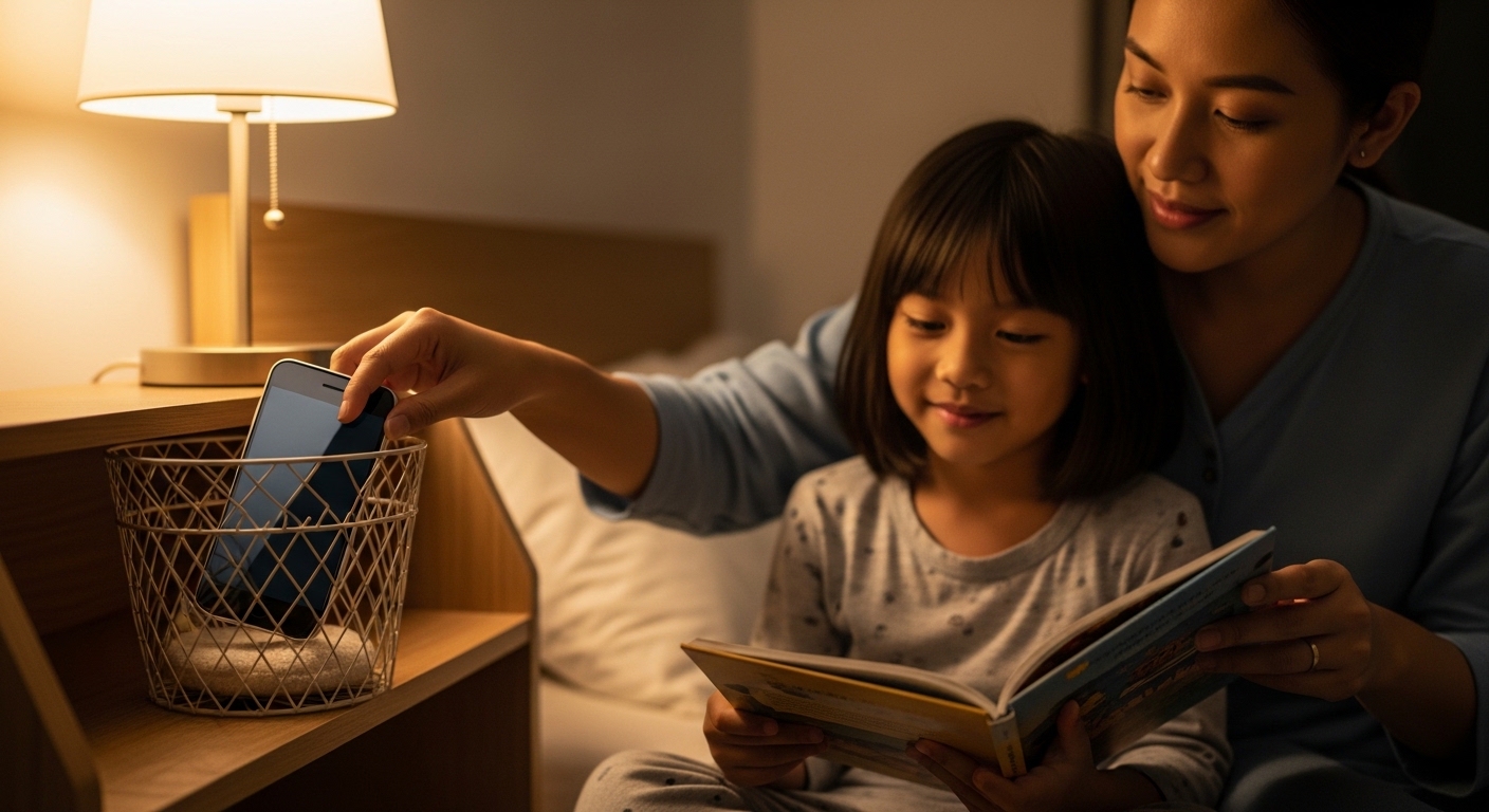 Ibu bapa Asia meletakkan telefon jauh dan menggantikan dengan aktiviti tenang sebelum tidur.