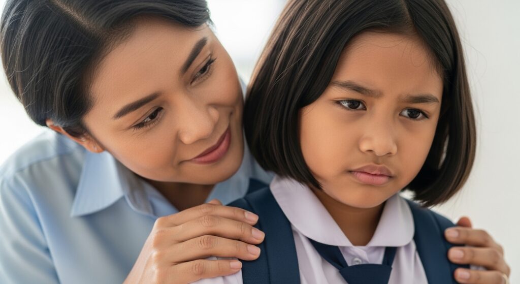 Ibu bapa Asia memegang bahu anak berseragam sekolah dengan lembut dan memberi pelukan ringkas.