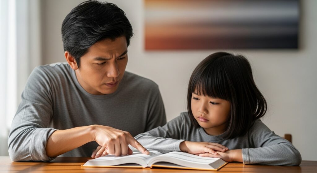 Ibu bapa menegur anak dengan serius ketika membaca