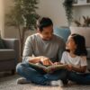 ayah dan anak membaca bersama dalam suasana ceria dan santai