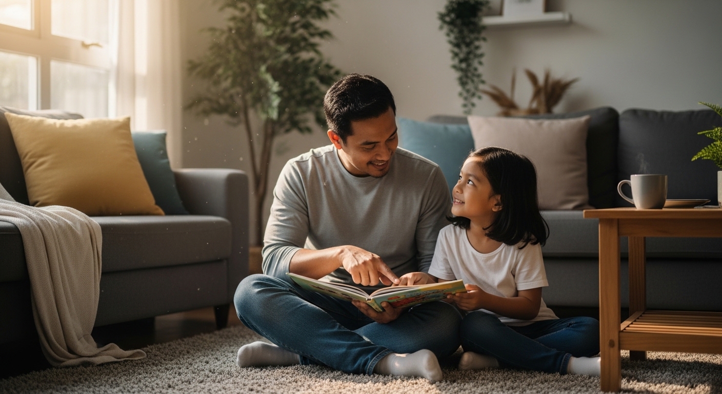 ayah dan anak membaca bersama dalam suasana ceria dan santai