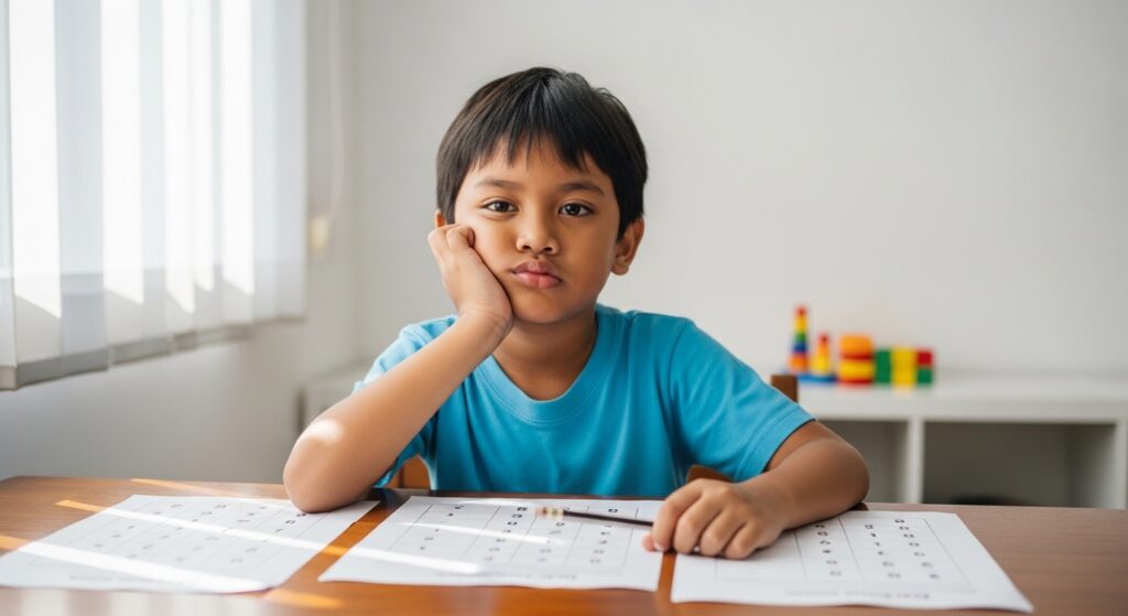 Kanak-kanak kelihatan bosan ketika belajar menggunakan kertas latihan