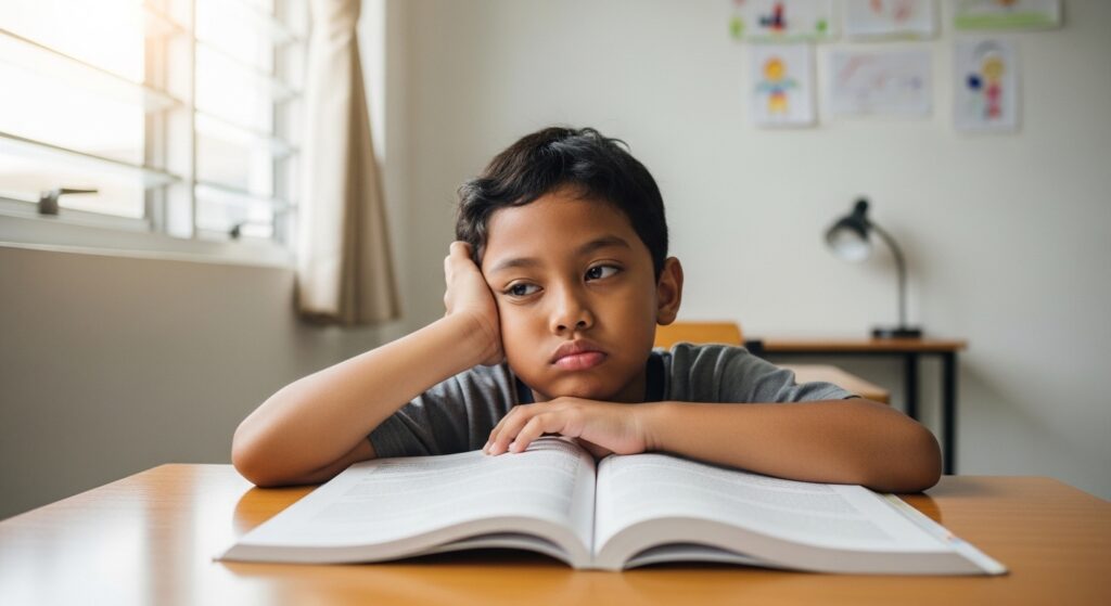 Kanak-kanak membaca dengan wajah bosan tanpa minat