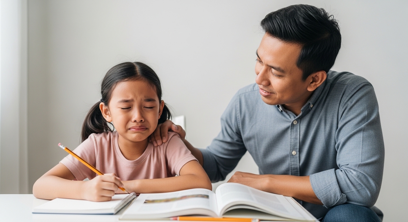 Anak Asia kelihatan sebak semasa belajar, ibu bapa duduk setaraf mata anak dan menenangkan dengan lembut.