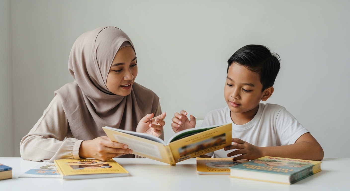 Ibu bapa Asia memilih buku bergambar yang sesuai tahap untuk anak, beberapa buku disusun kemas di meja.