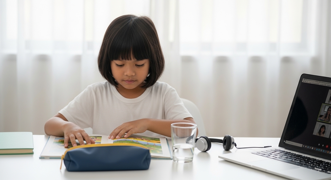 Anak Asia menyusun buku, air dan headphone di meja sebelum buka laptop untuk kelas online.