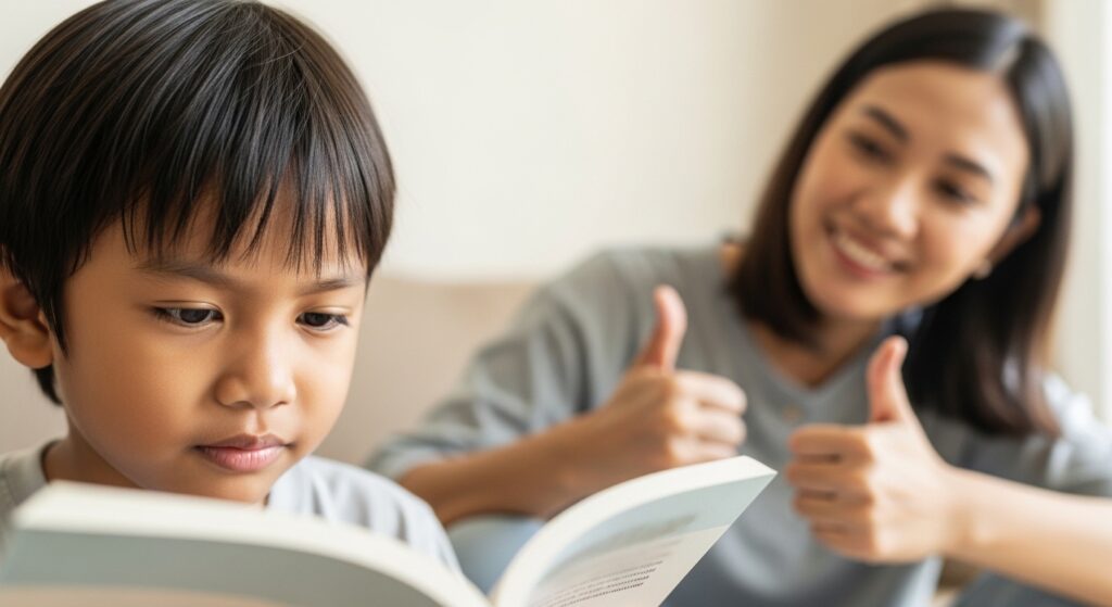 Anak Asia cuba membaca semula dengan lebih yakin, ibu bapa memberi pujian lembut dan angguk sokong.