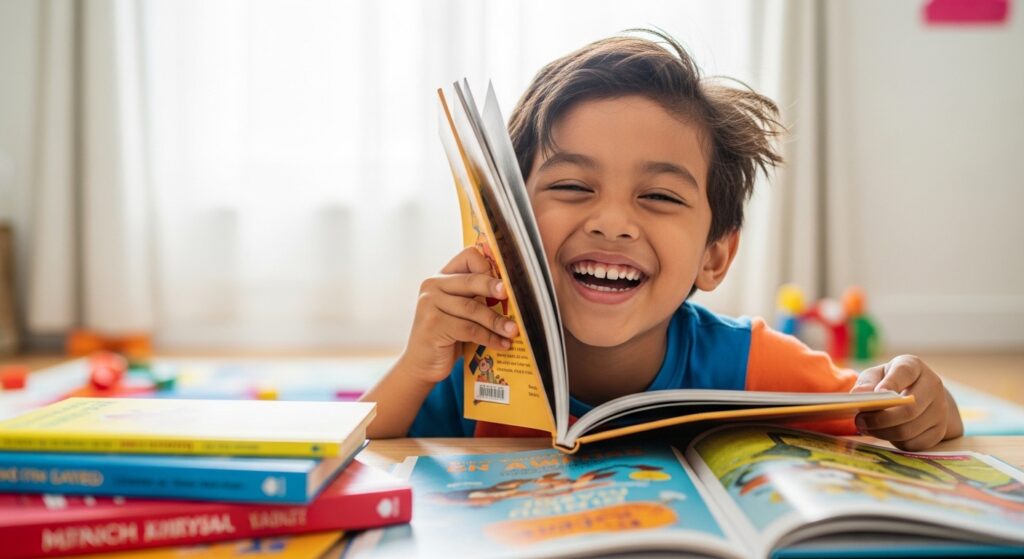 Kanak-kanak membaca dengan gembira dalam suasana santai dan ceria