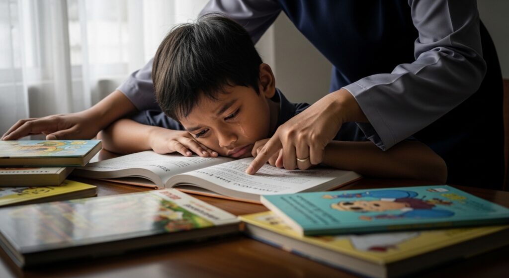 Kanak-kanak kelihatan tertekan apabila dipaksa membaca oleh ibu bapa