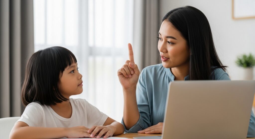 Ibu Asia memberi isyarat lembut “tunggu sekejap” kepada anak sebelum mula kerja, anak mengangguk.