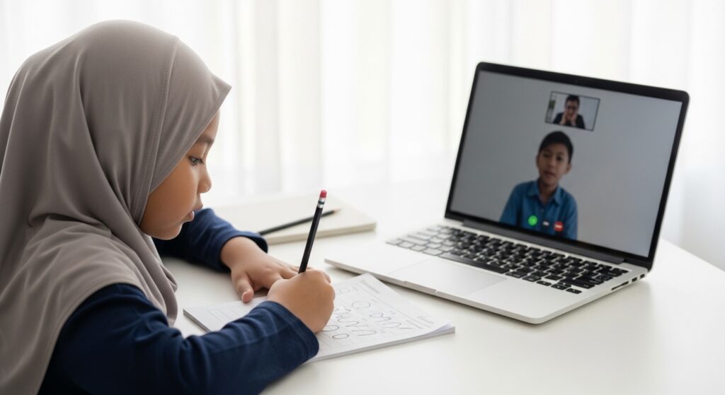 Anak Asia memegang pensel dan membuat garisan/tracing ringkas semasa menunggu giliran dalam kelas online.