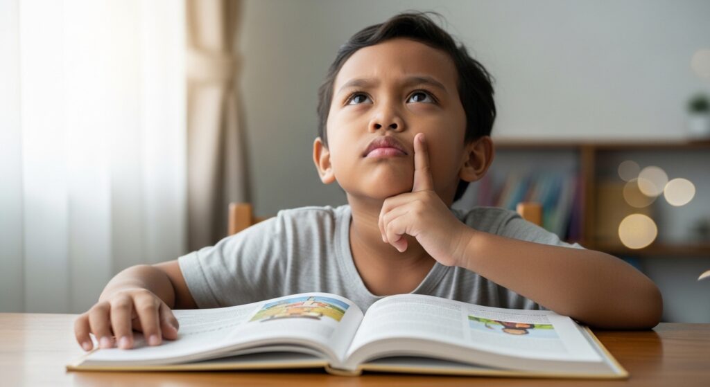 Kanak-kanak cuba mengingati bacaan tetapi kelihatan tidak pasti