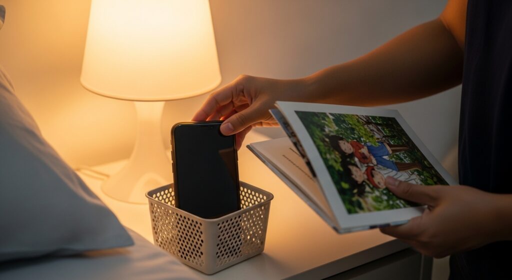 Close-up tangan ibu bapa Asia meletakkan telefon face-down ke dalam bakul dan mengambil buku di sisi lampu tidur.