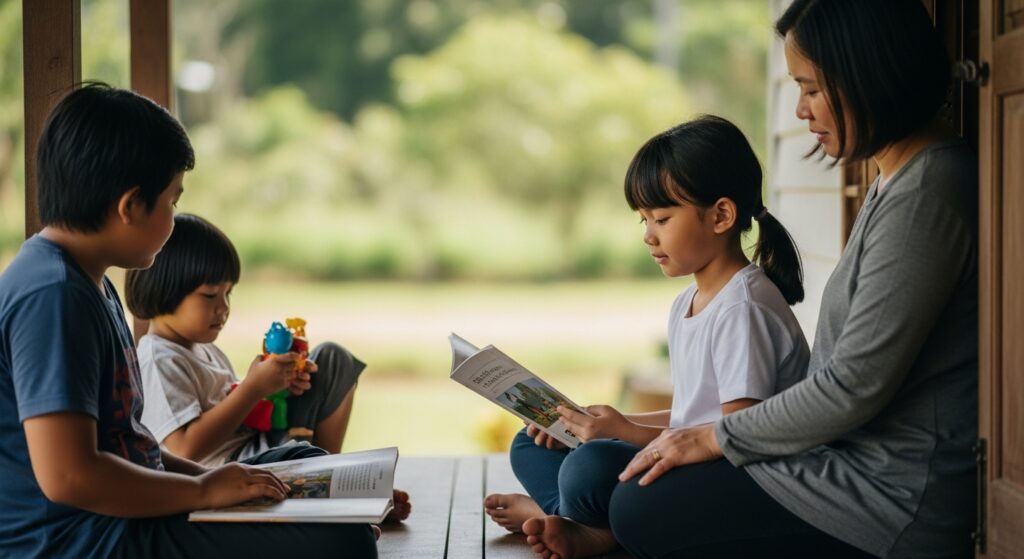 Anak Asia duduk di beranda rumah kampung membaca buku nipis selepas bermain dengan sepupu, ibu bapa menemani.