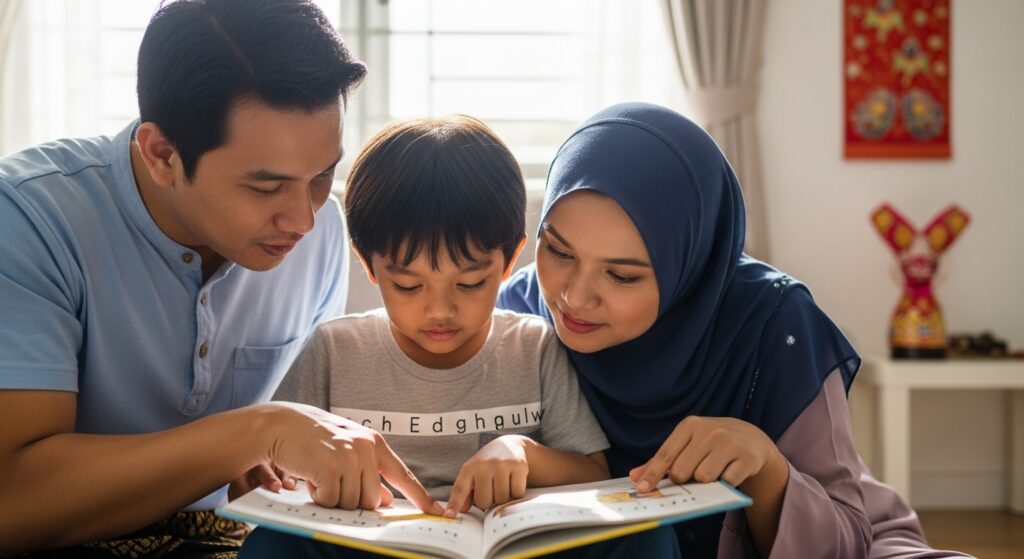 Kanak-kanak membaca perlahan sambil menunjuk setiap huruf