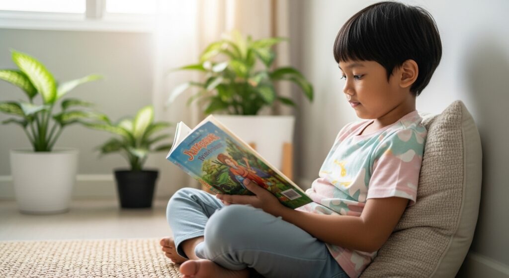 Kanak-kanak membaca dalam tempoh pendek dengan tenang dan fokus