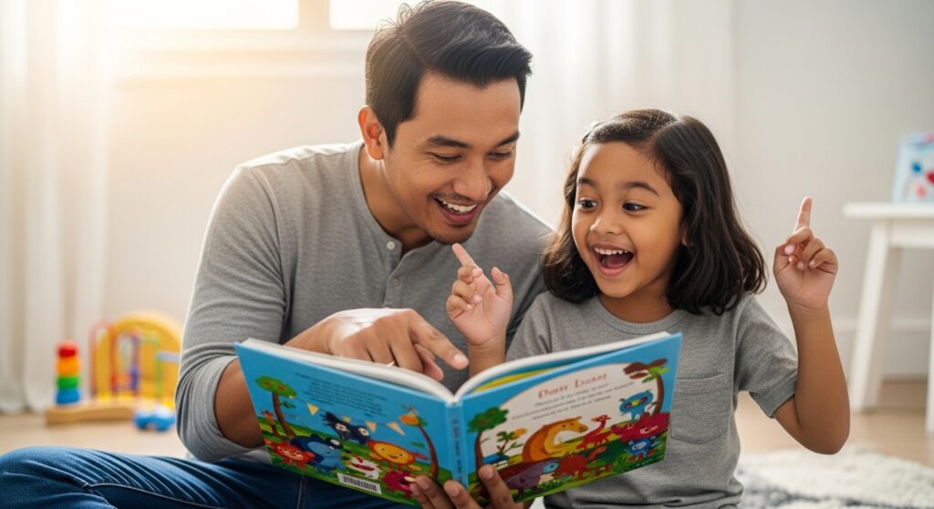 Ibu dan anak membaca buku cerita dengan ekspresi ceria dan interaktif