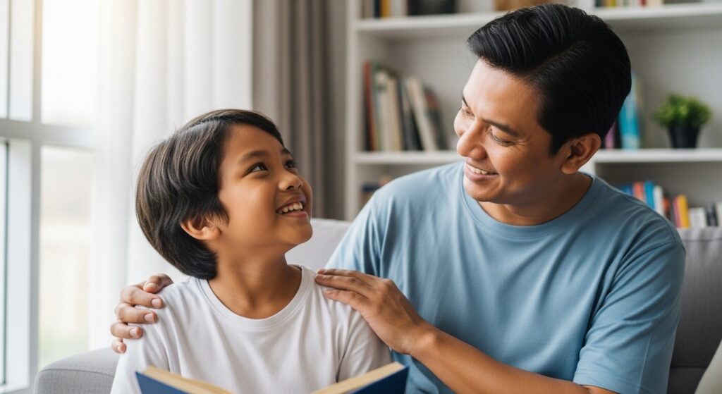 Ibu memberi pujian kepada anak selepas membaca dengan gembira