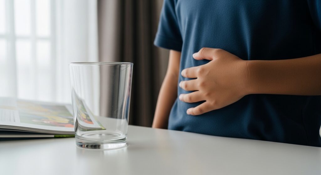 Close-up tangan anak Asia memegang perut dan gelas air kosong di meja belajar, tanda lapar mengganggu fokus.