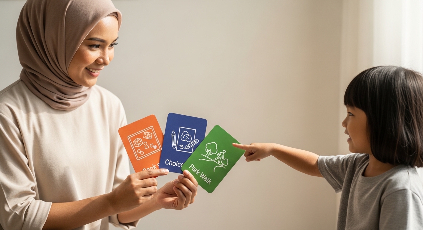 Anak Asia memilih reward aktiviti melalui kad ikon ringkas, ibu bapa ikut pilihan anak.