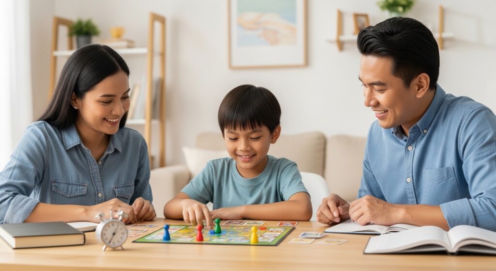 Keluarga Asia bermain board game ringkas selepas anak siap belajar, suasana gembira dan tenang.