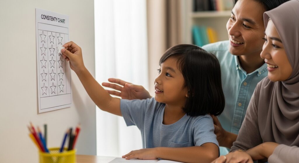 Anak Asia menampal sticker bintang pada carta konsistensi di meja belajar, ibu bapa memerhati dengan senyuman.