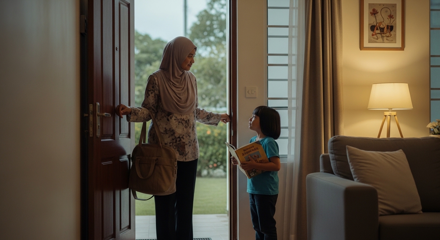 Ibu Asia baru buka pintu balik kerja, anak umur 5–7 tahun tunggu dengan buku di tangan.