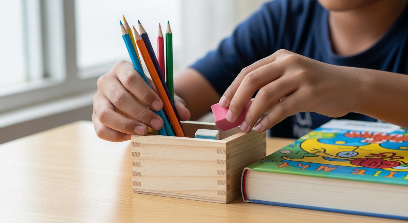 Close-up tangan anak Asia memasukkan pensel ke bekas dan menyusun buku selepas belajar.