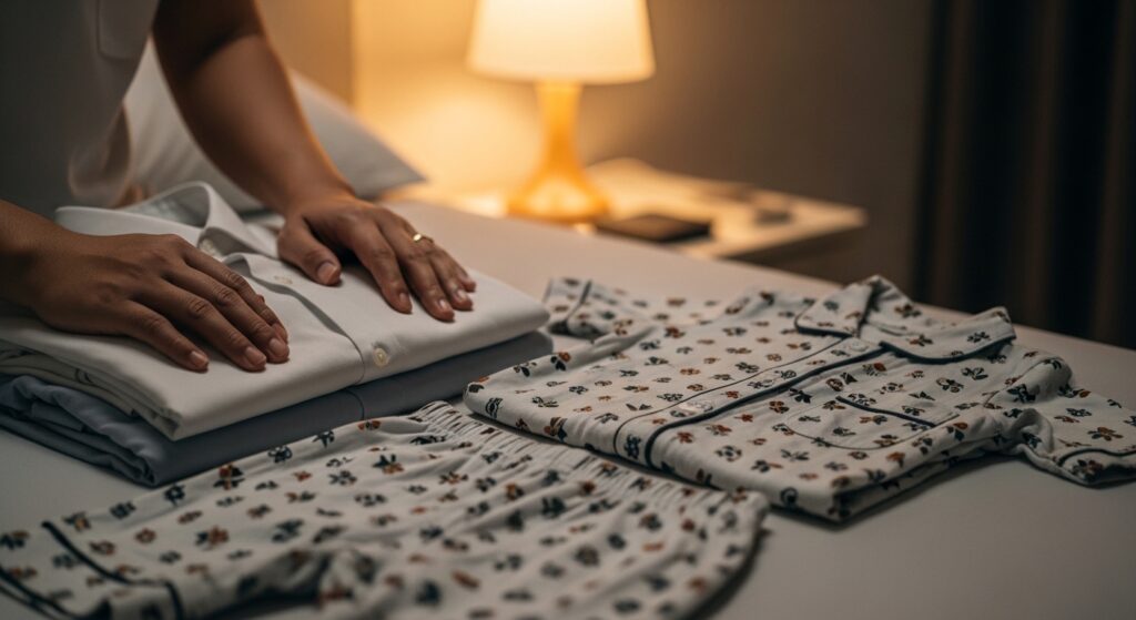 Close-up tangan ibu bapa Asia melipat baju kerja dan menyusun baju tidur anak di tepi katil, lampu tidur menyala lembut.