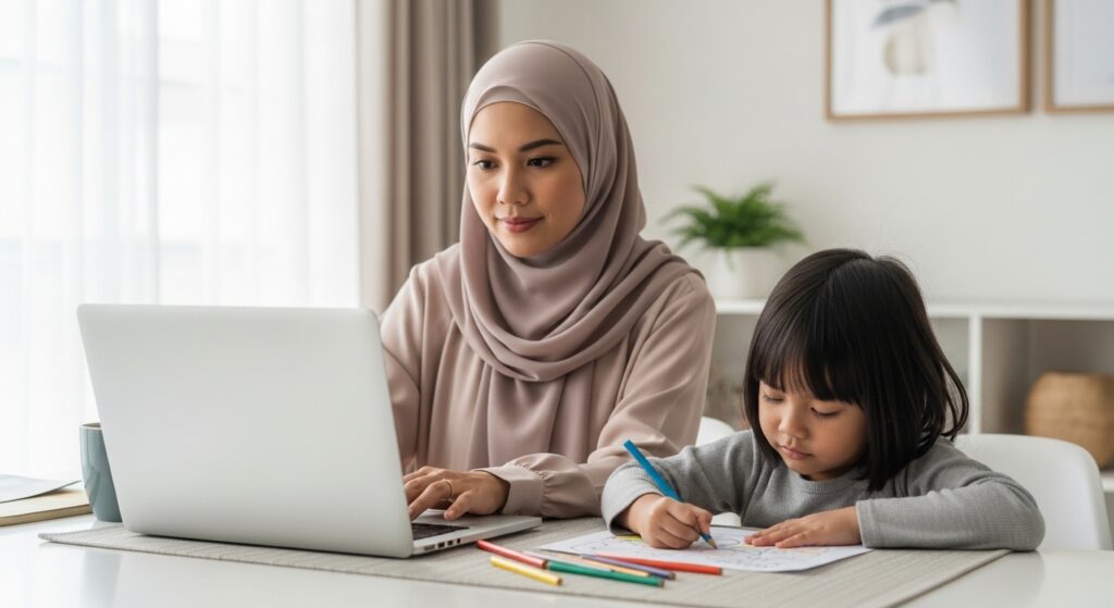 Ibu Asia bekerja dari rumah di laptop, anak duduk sebelah mewarna dengan tenang di meja yang sama.