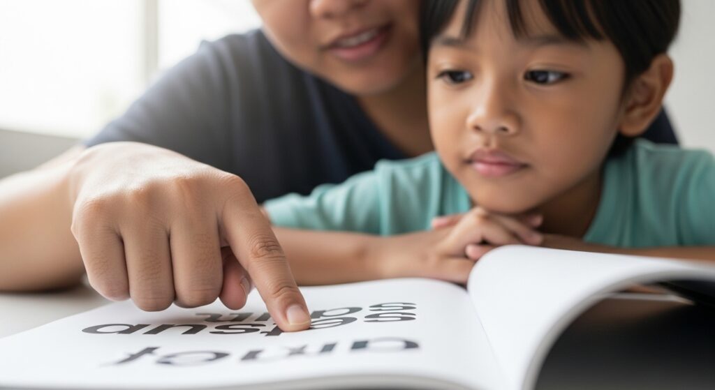 Close-up jari ibu bapa Asia menunjuk tulisan besar pada buku, anak ikut dengan mata dari dekat.