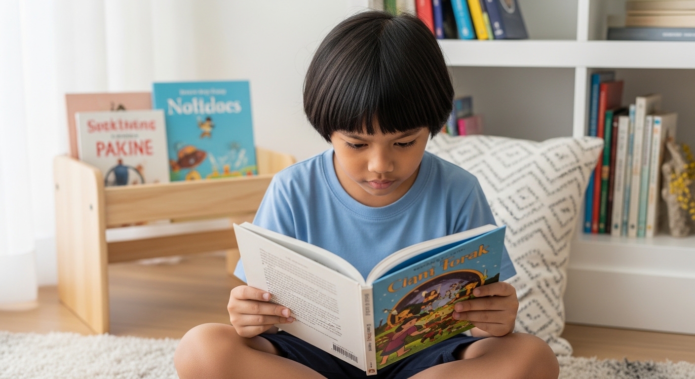 Kanak-kanak membaca dengan fokus di sudut yang selesa dan tenang