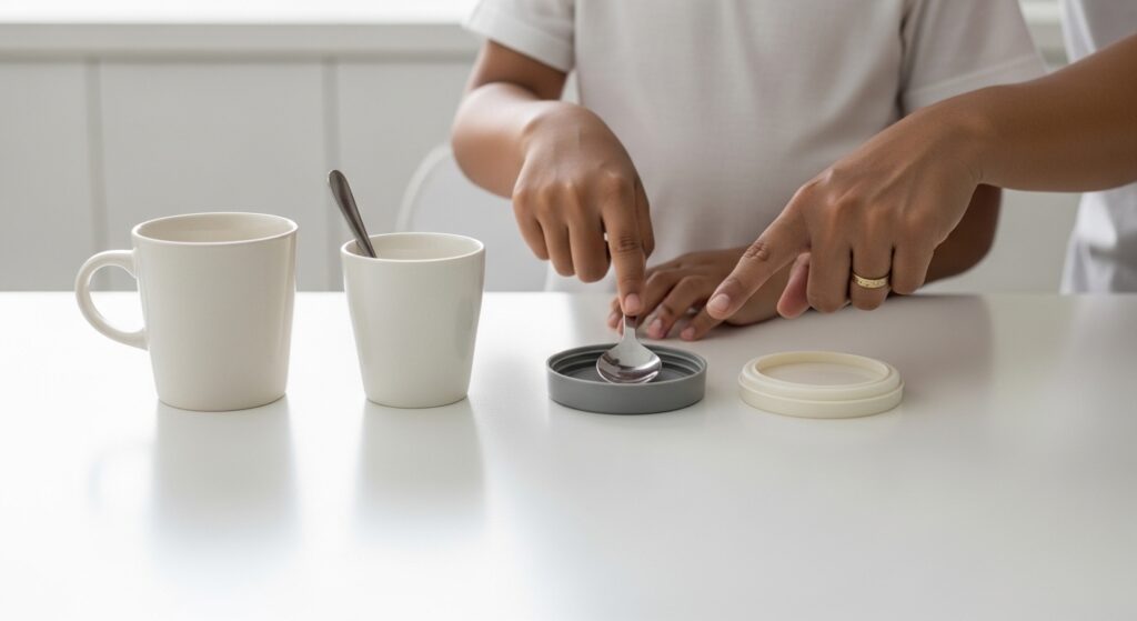 Close-up tangan ibu bapa Asia menyusun cawan, sudu dan penutup di atas meja dapur, tangan anak menunjuk salah satu objek.