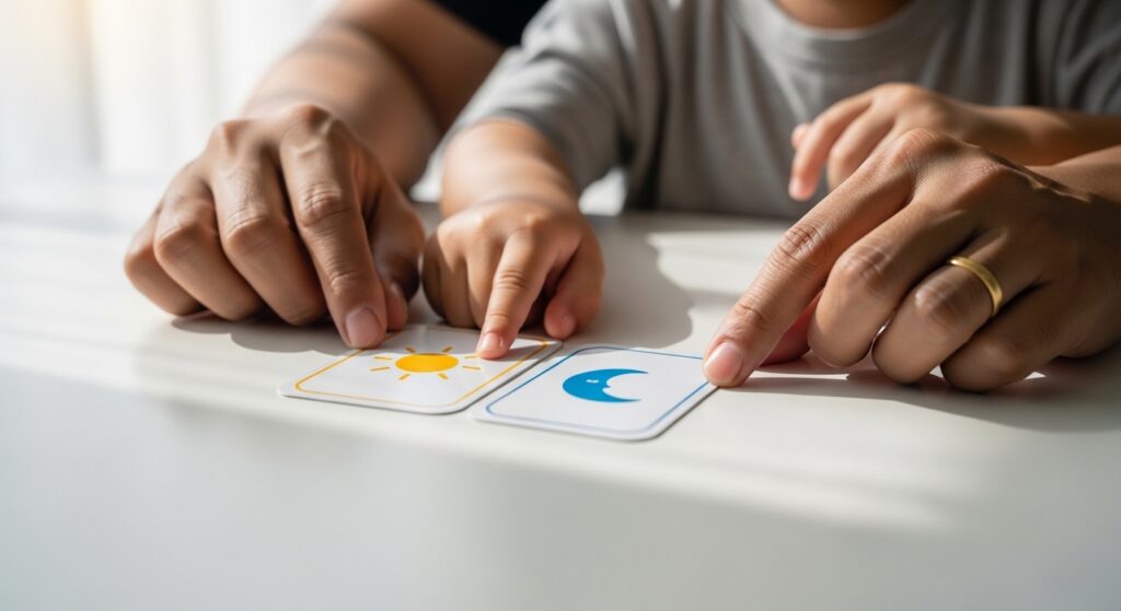 Close-up tangan ibu bapa Asia meletakkan dua kad gambar di meja, tangan anak menunjuk satu pilihan.