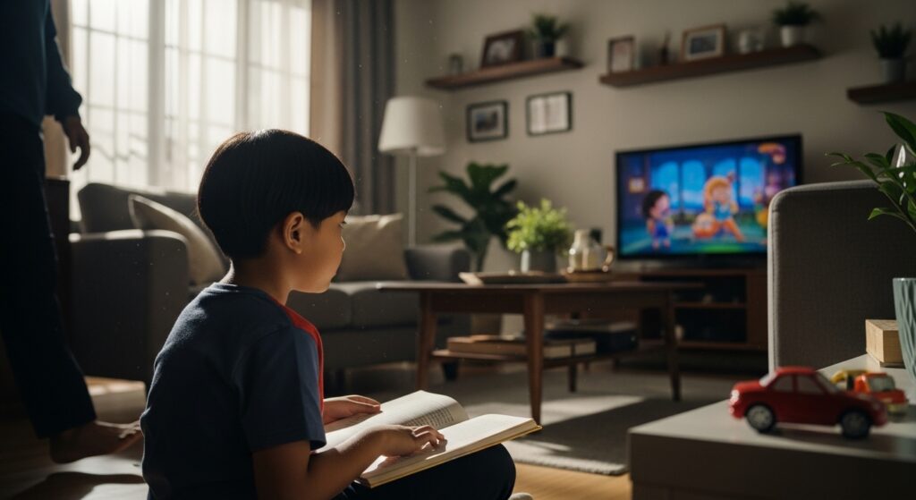 Kanak-kanak terganggu membaca akibat televisyen dalam ruang tamu terang