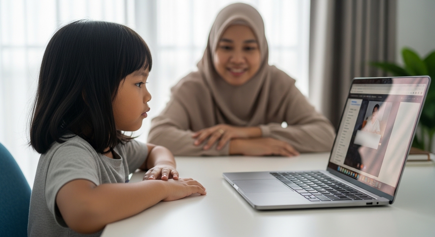 Anak Asia mengikuti kelas online di laptop dan menunggu giliran dengan tenang, ibu bapa memantau dari sisi.