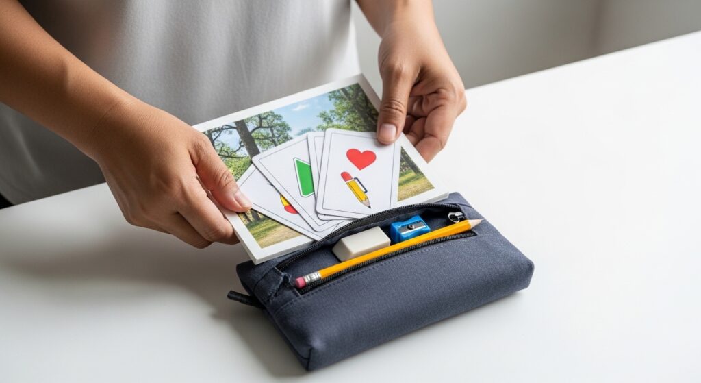 Close-up tangan ibu bapa Asia menyusun buku nipis, kad ikon dan pensel ke dalam pouch travel reading kit.