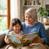 Ibu dan anak membaca bersama dengan gembira dalam suasana rumah yang cerah