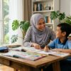Ibu memberi semangat kepada anak untuk belajar dalam suasana rumah yang cerah
