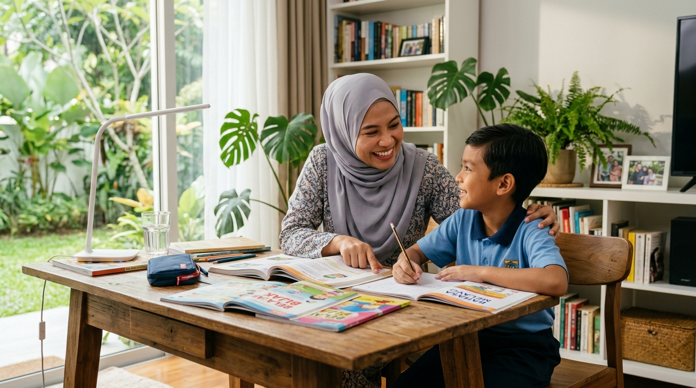 Ibu memberi semangat kepada anak untuk belajar dalam suasana rumah yang cerah